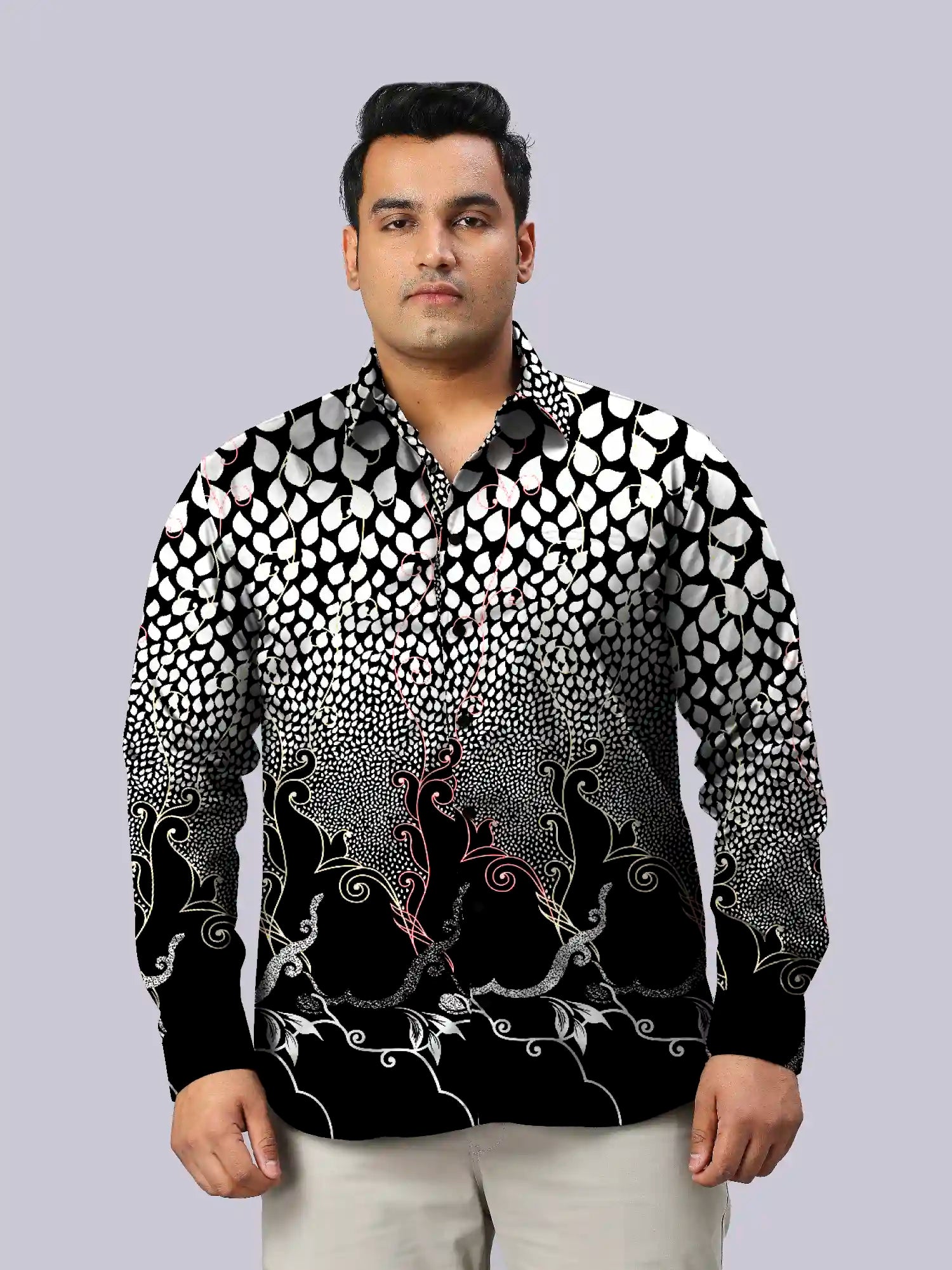Black White Indian Motiff Digital Printed Party Wear Men's Plus Size Full Shirt