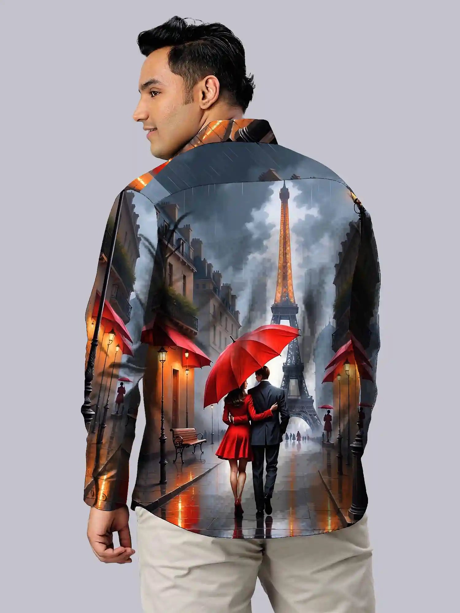 Eiffel Tower Digital Printed Party Wear Men's Plus Size Full Shirt