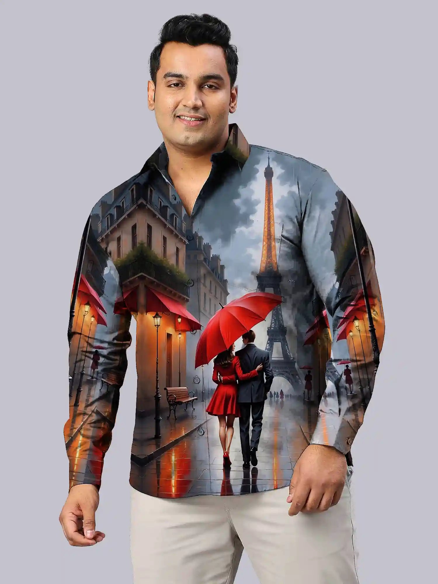 Eiffel Tower Digital Printed Party Wear Men's Plus Size Full Shirt