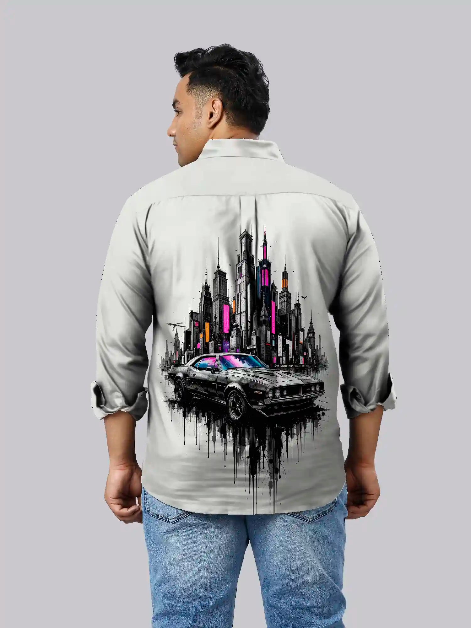 Black Muscle Car Digital Printed Party Wear Men's Plus Size Full Shirt