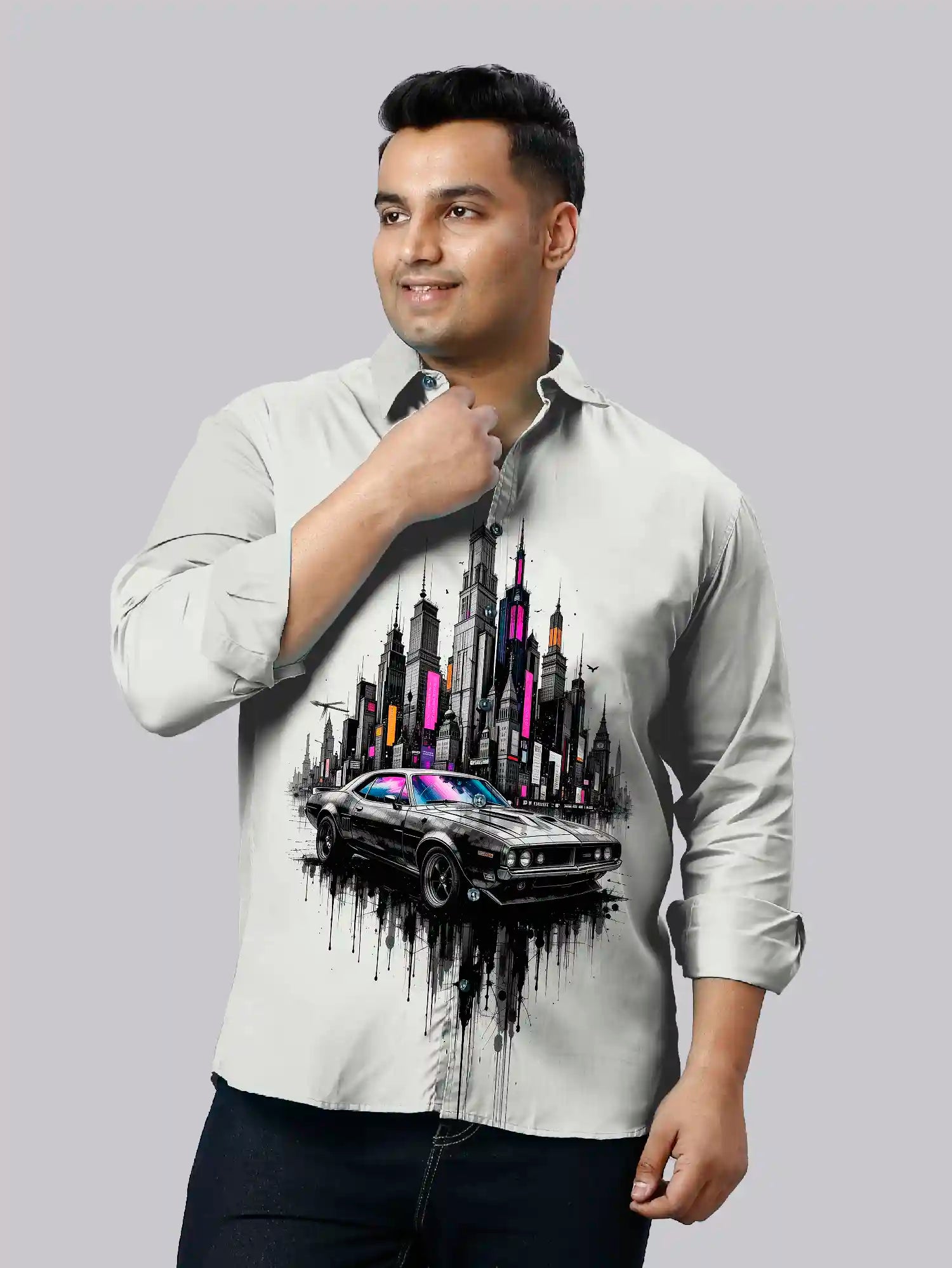 Black Muscle Car Digital Printed Party Wear Men's Plus Size Full Shirt