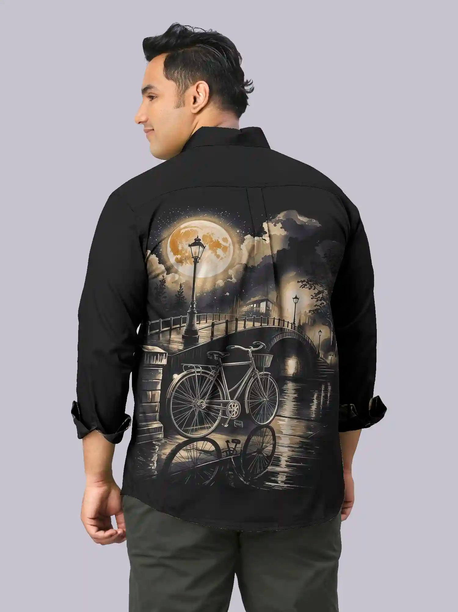 Cycle and Bridge Digital Printed Party Wear Men's Plus Size Full Shirt