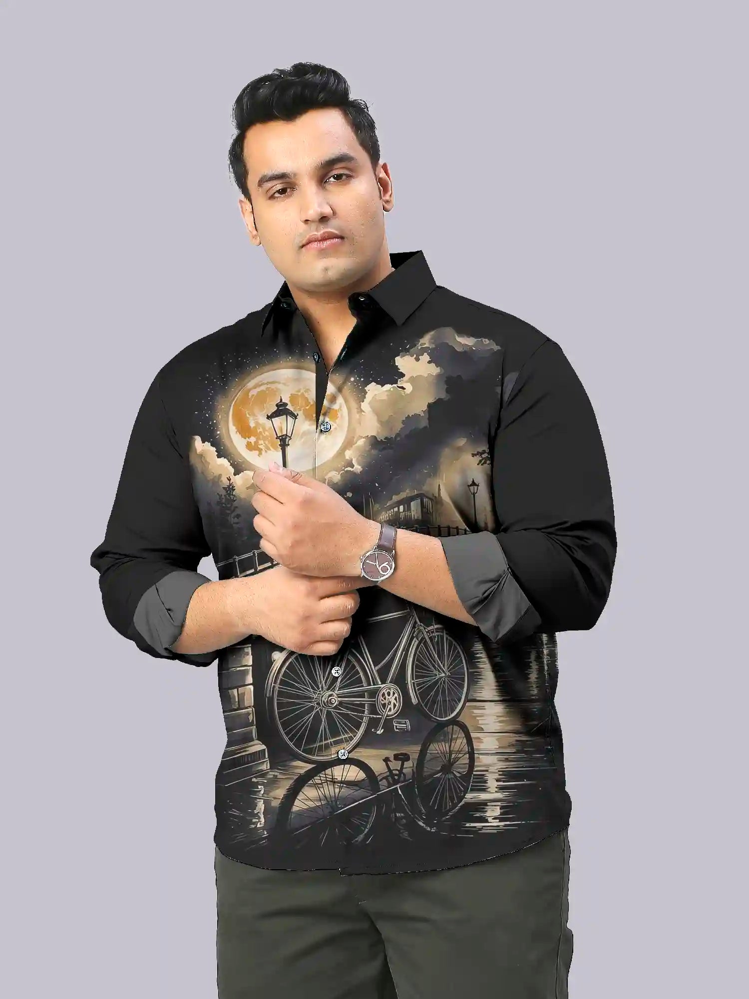 Cycle and Bridge Digital Printed Party Wear Men's Plus Size Full Shirt