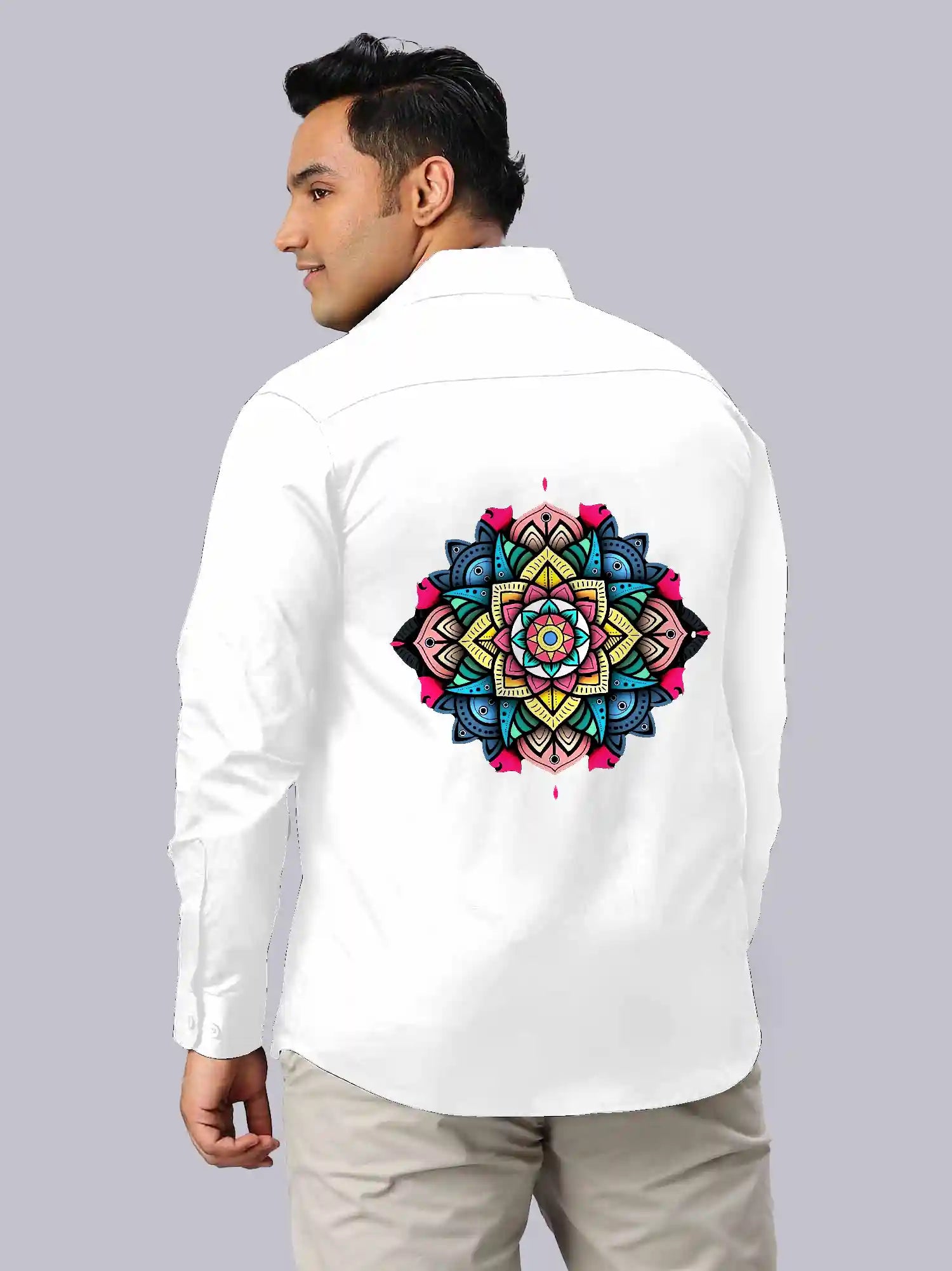 Colorful Mandala White Digital Printed Party Wear Men's Plus Size Full Shirt