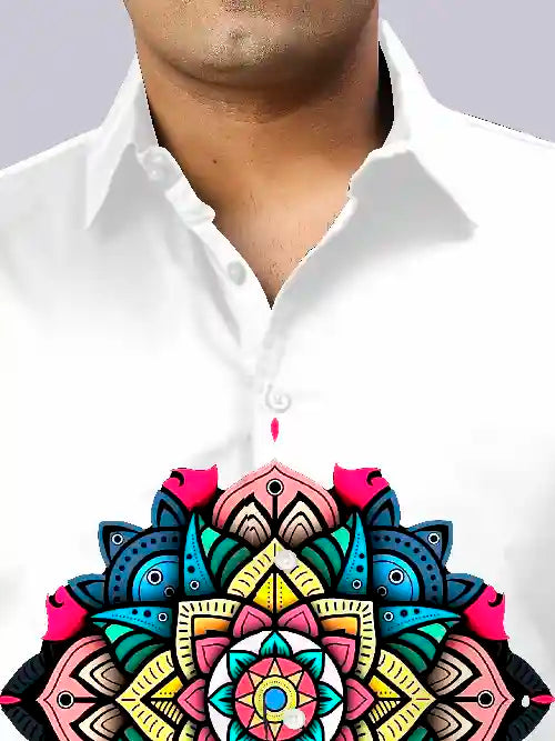 Colorful Mandala White Digital Printed Party Wear Men's Plus Size Full Shirt