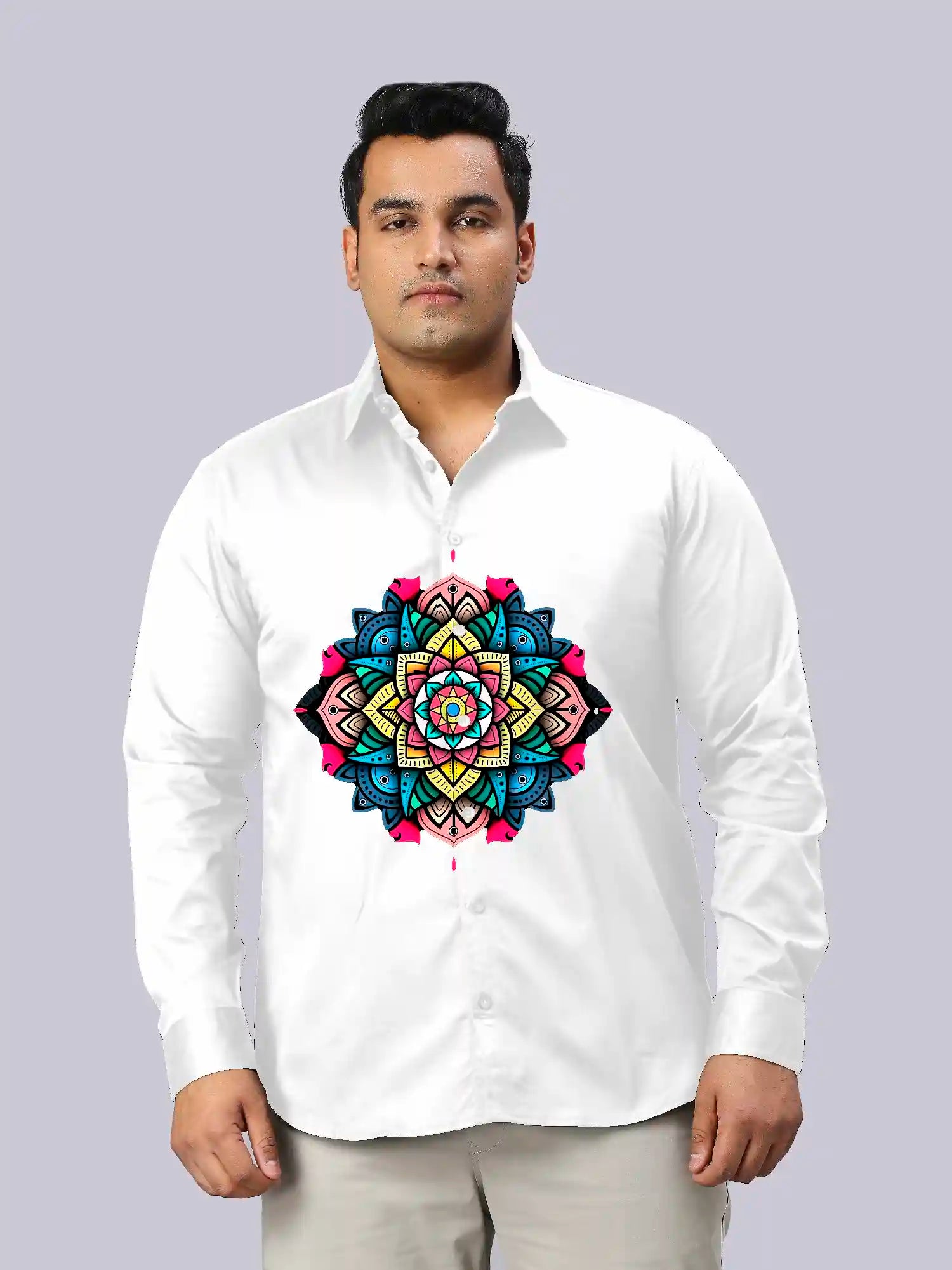 Colorful Mandala White Digital Printed Party Wear Men's Plus Size Full Shirt
