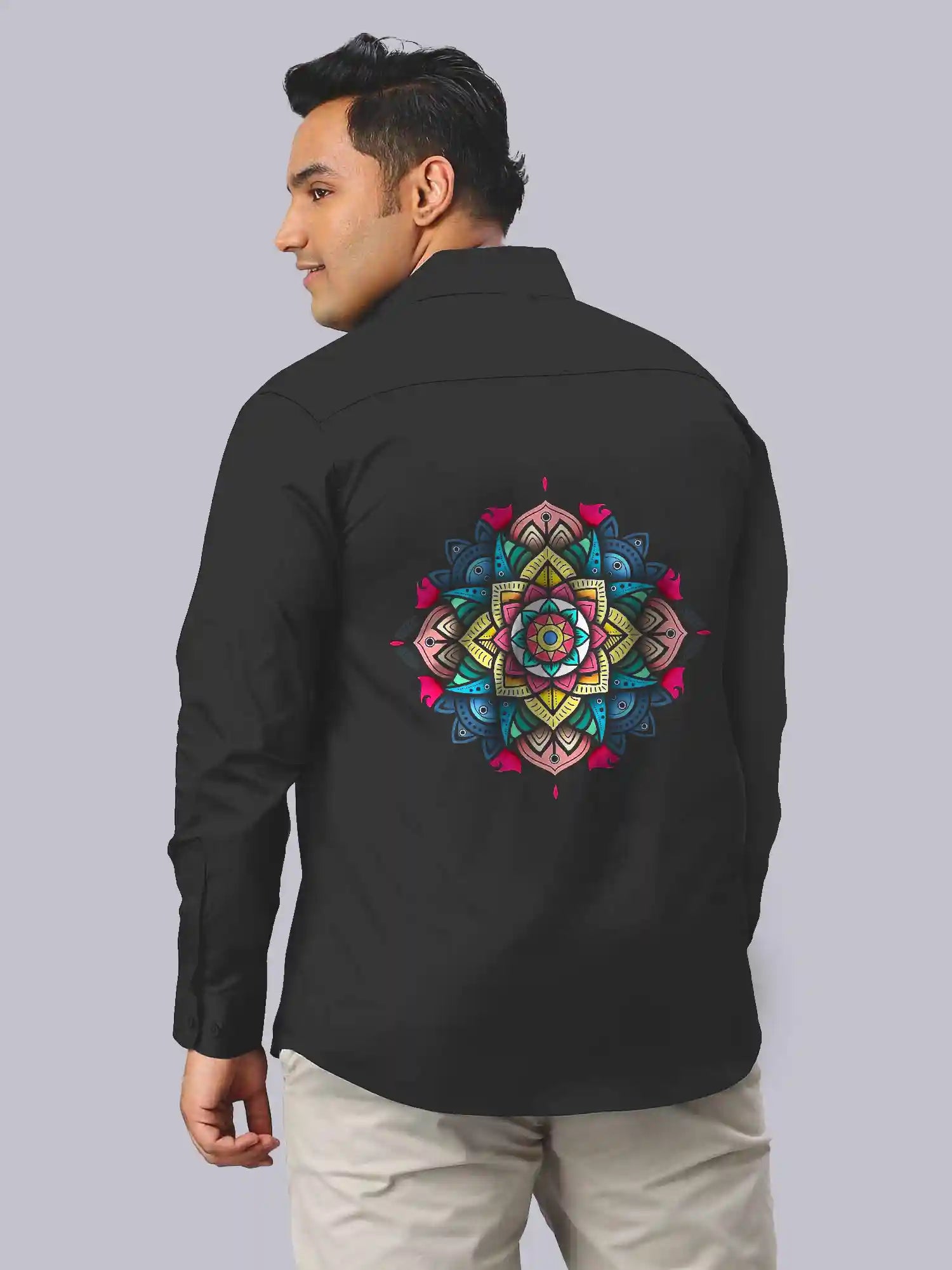 Colorful Mandala Black Digital Printed Party Wear Men's Plus Size Full Shirt