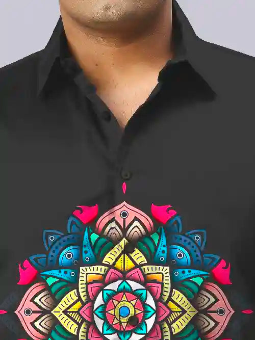Colorful Mandala Black Digital Printed Party Wear Men's Plus Size Full Shirt