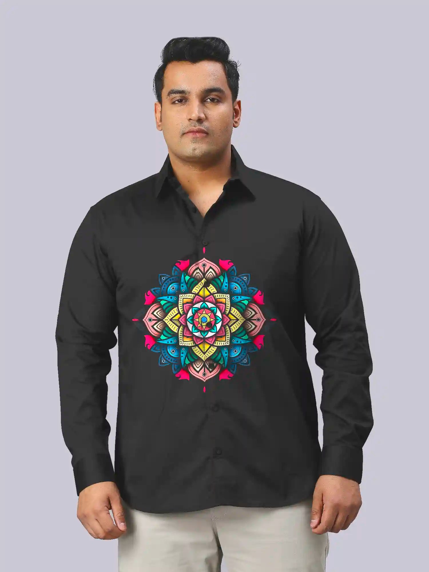 Colorful Mandala Black Digital Printed Party Wear Men's Plus Size Full Shirt