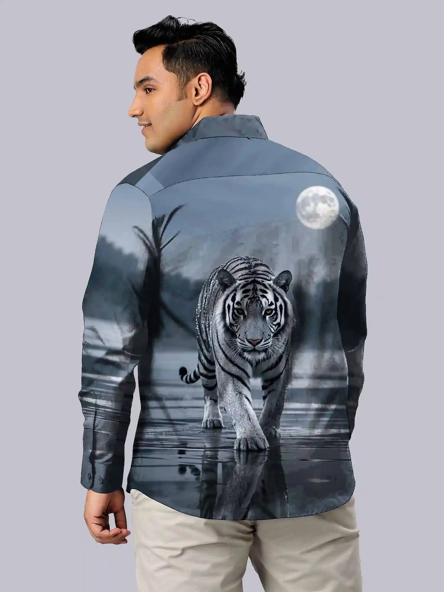 White Tiger Digital Printed Party Wear Men's Plus Size Full Shirt
