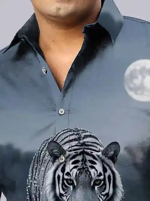 White Tiger Digital Printed Party Wear Men's Plus Size Full Shirt