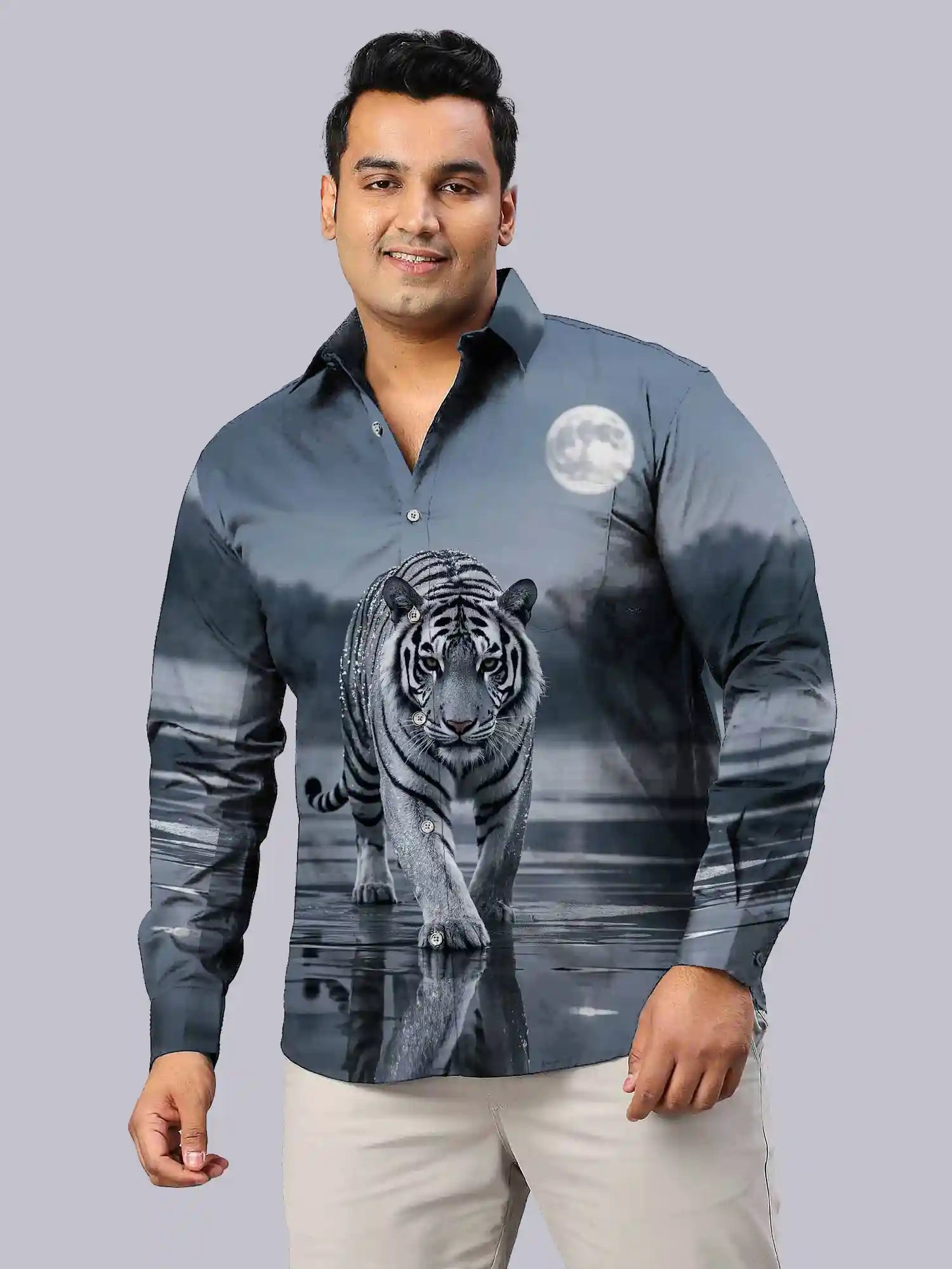 White Tiger Digital Printed Party Wear Men's Plus Size Full Shirt