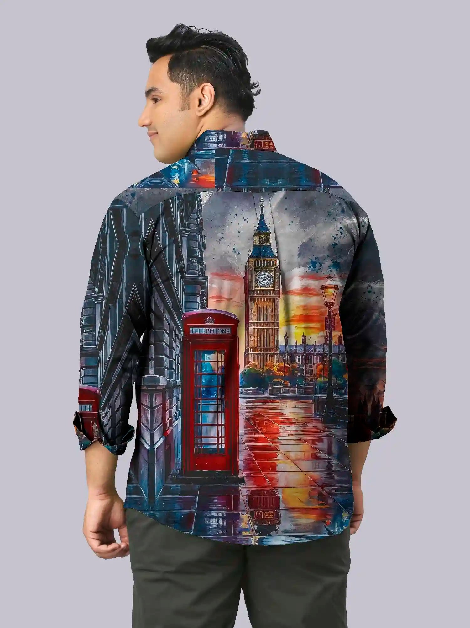 Paris Clock Tower Digital Printed Party Wear Men's Plus Size Full Shirt