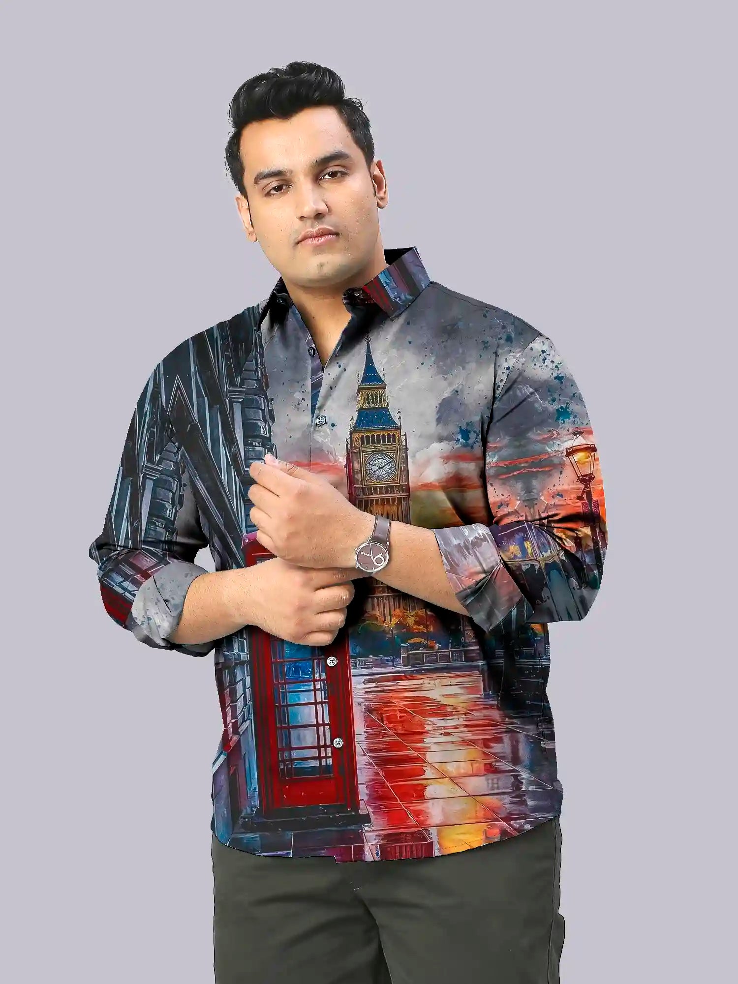 Paris Clock Tower Digital Printed Party Wear Men's Plus Size Full Shirt