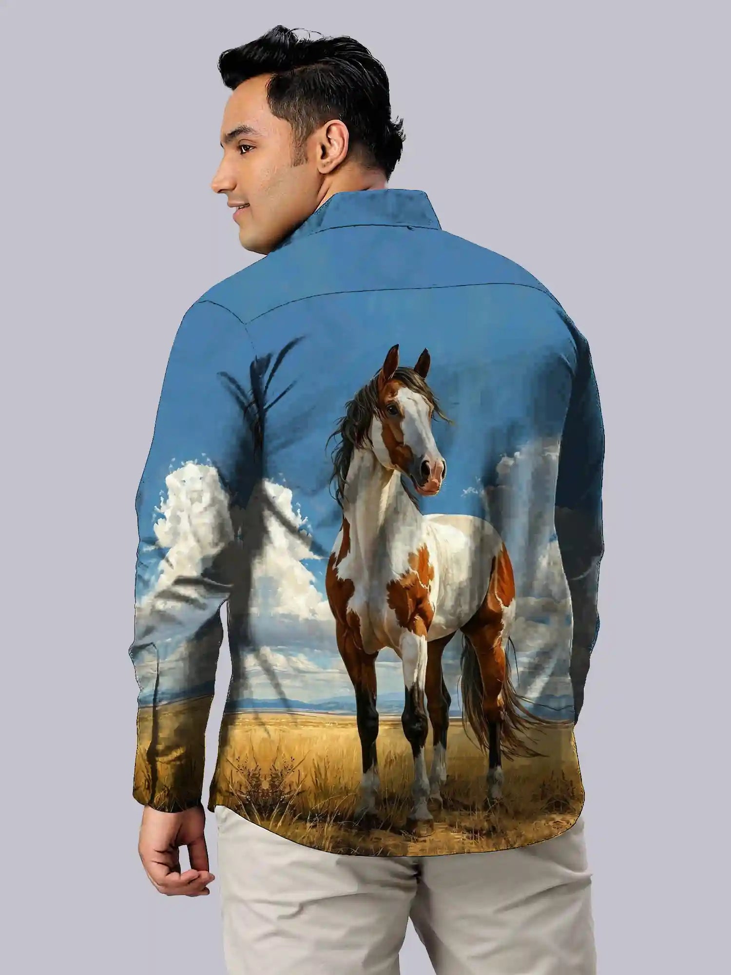 Horse Digital Printed Party Wear Men's Plus Size Full Shirt