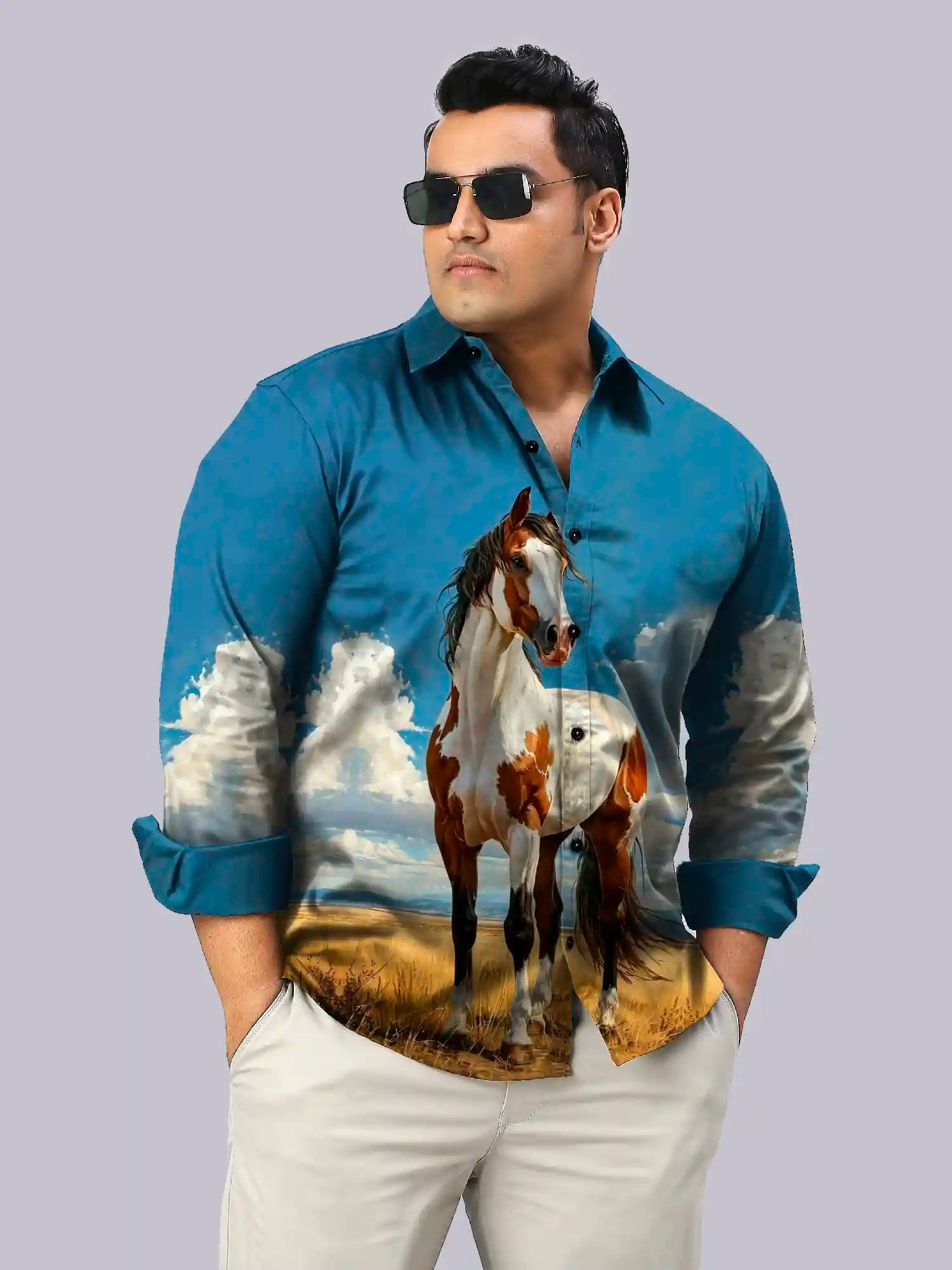 Horse Digital Printed Party Wear Men's Plus Size Full Shirt