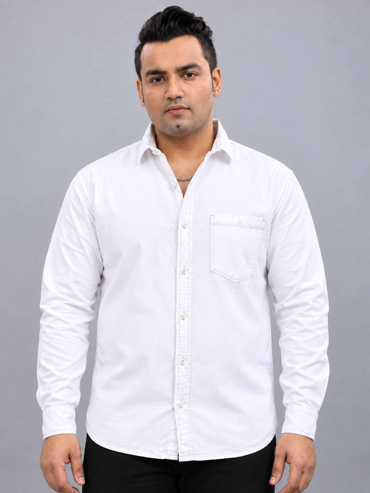 White Denim Lycra Men's Plus Size Full Sleeve Shirt