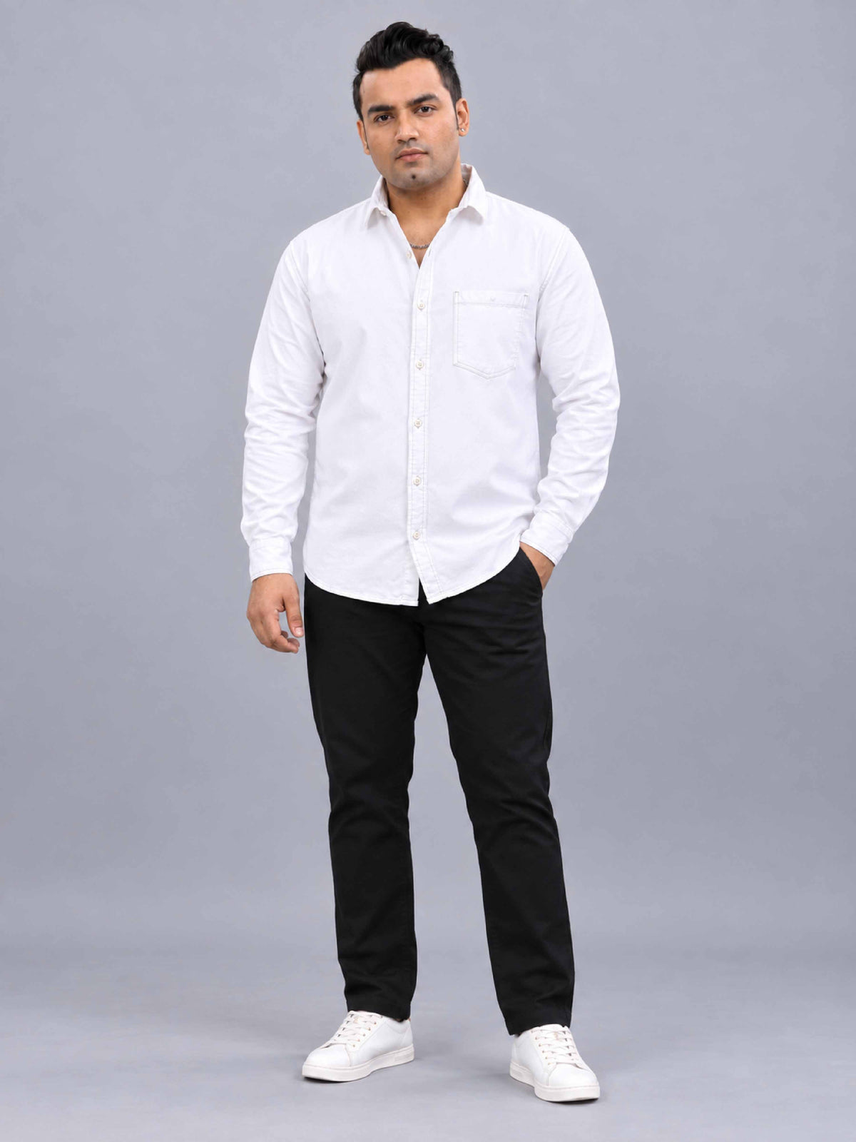 White Denim Lycra Men's Plus Size Full Sleeve Shirt
