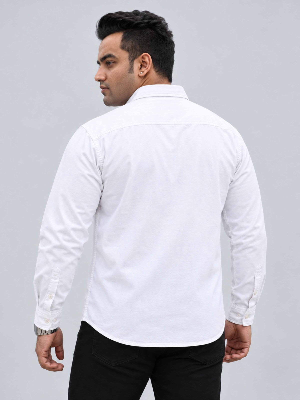 White Denim Lycra Men's Plus Size Double Pocket Full Sleeve Shirt