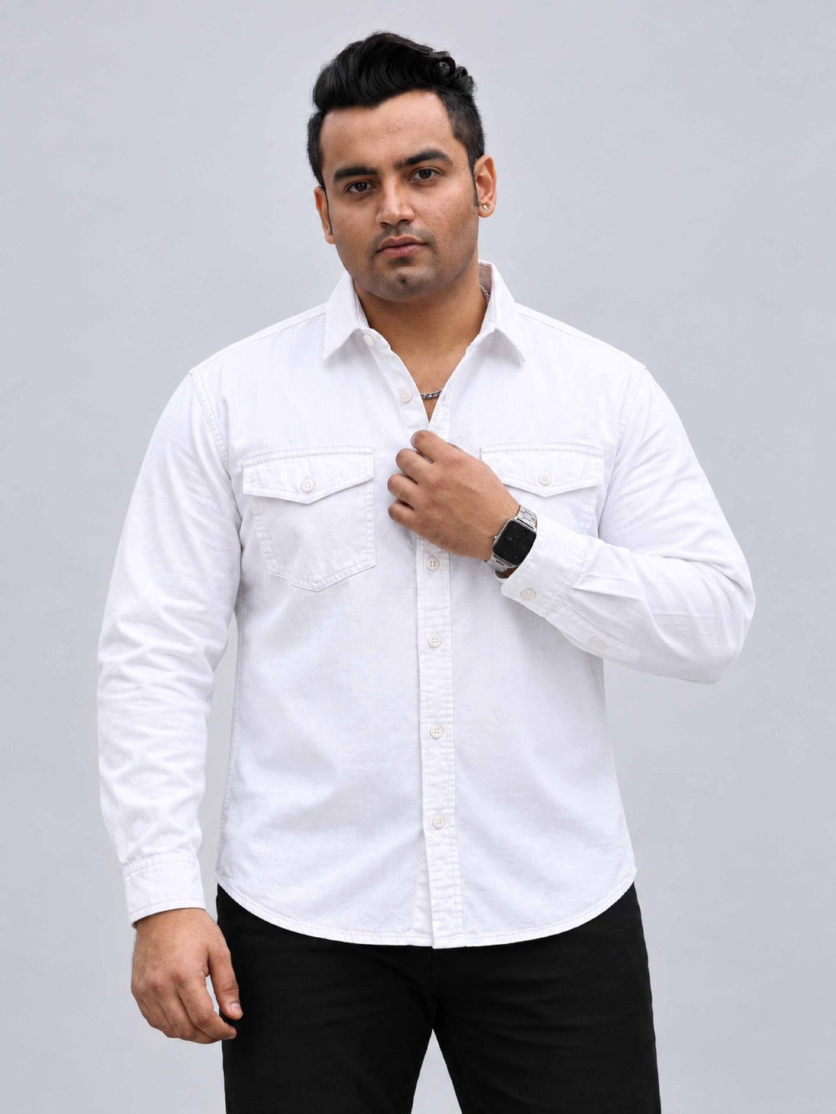 White Denim Lycra Men's Plus Size Double Pocket Full Sleeve Shirt
