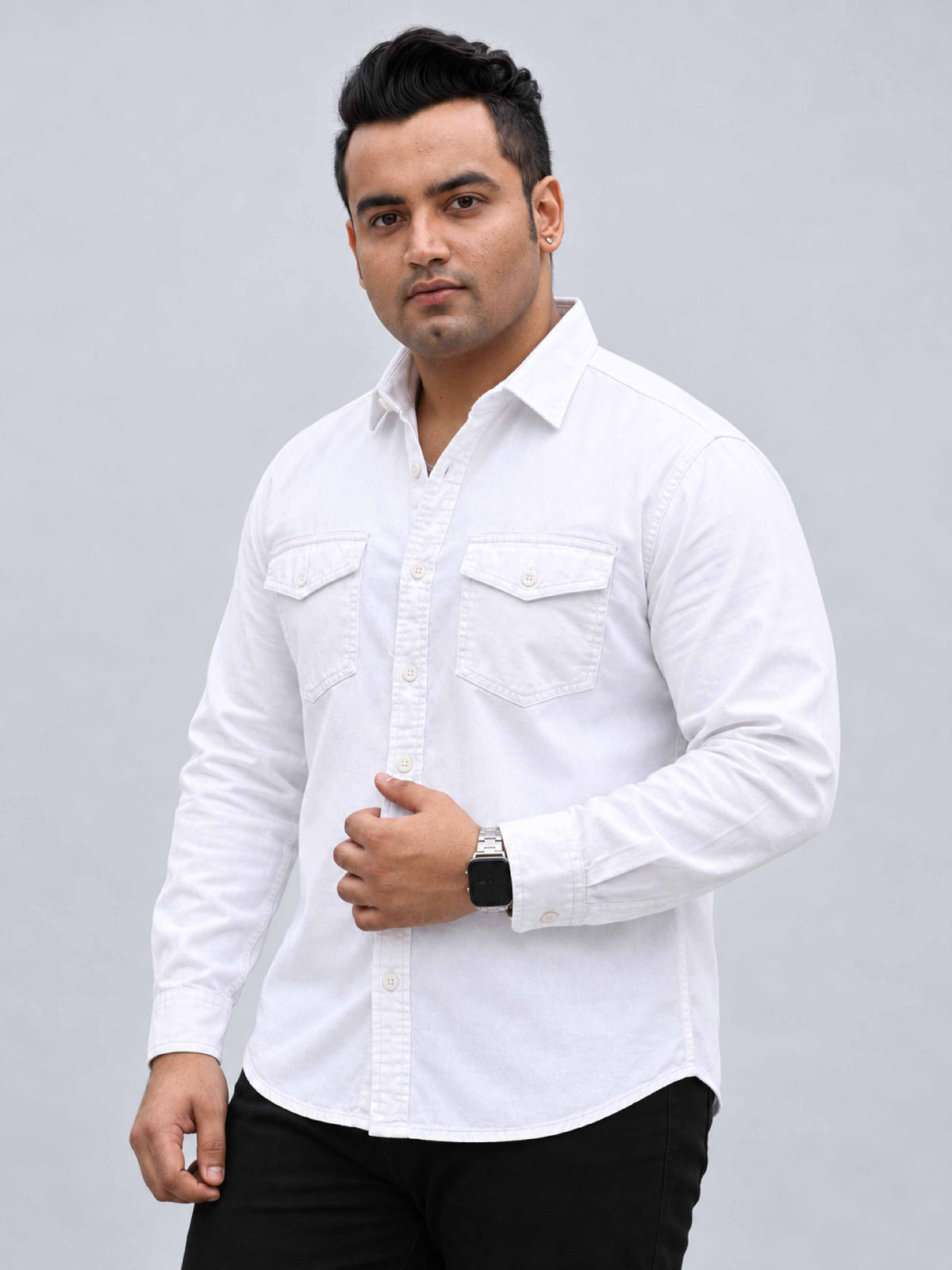 White Denim Lycra Men's Plus Size Double Pocket Full Sleeve Shirt