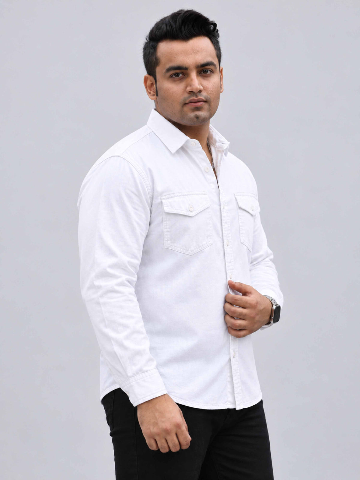 White Denim Lycra Men's Plus Size Double Pocket Full Sleeve Shirt