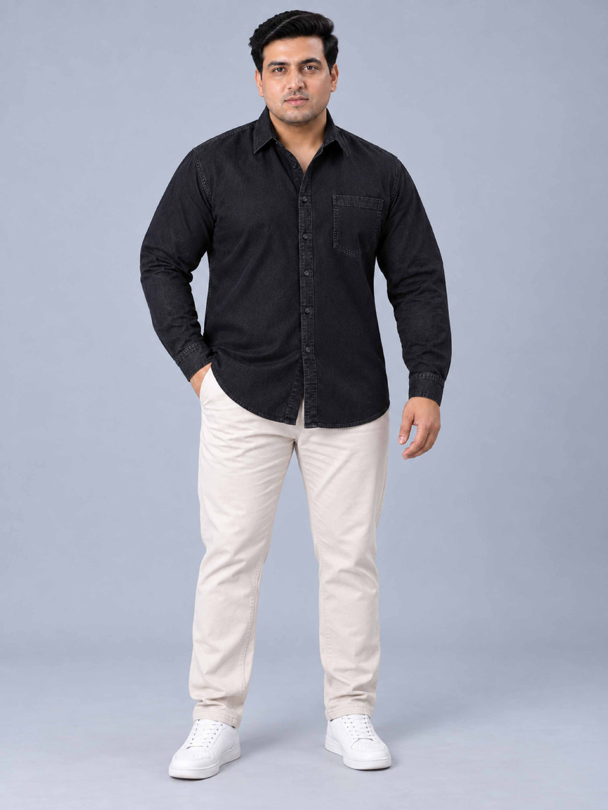 Black Denim Single Pocket Full Sleeve Shirt Men's Plus Size