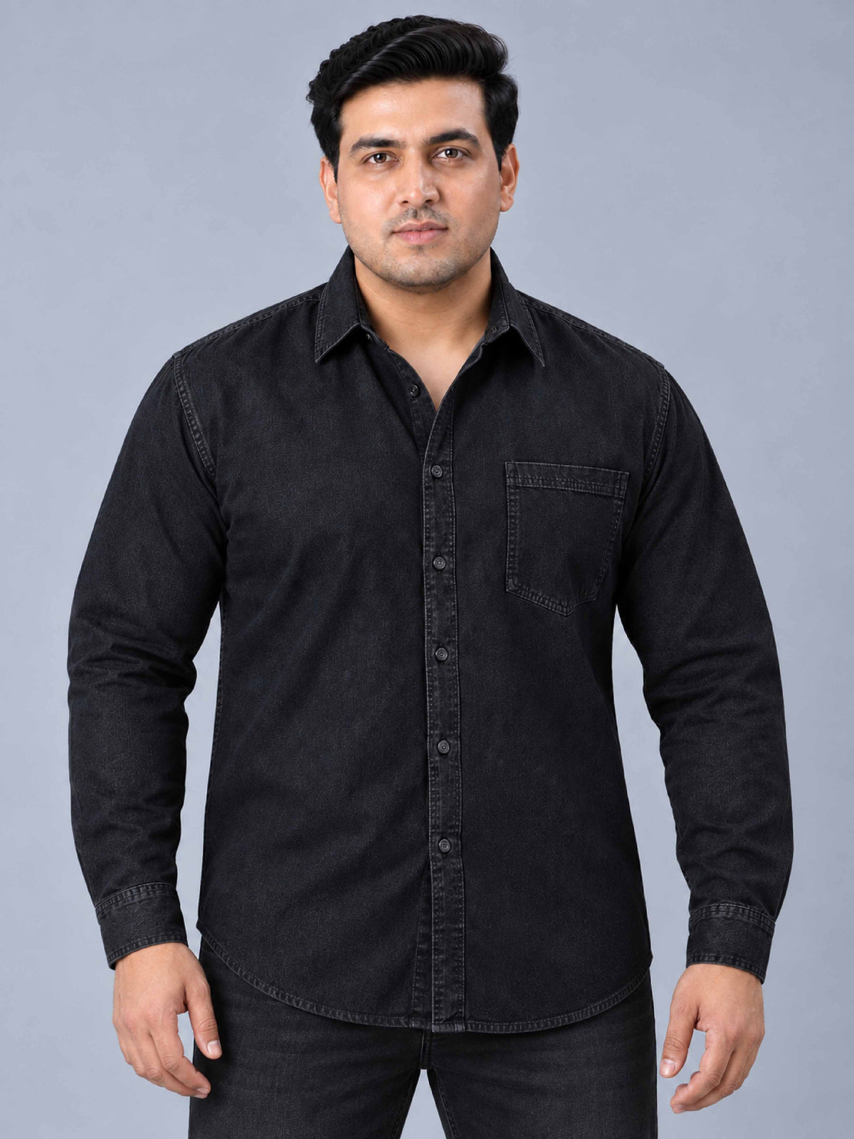 Black Denim Single Pocket Full Sleeve Shirt Men's Plus Size