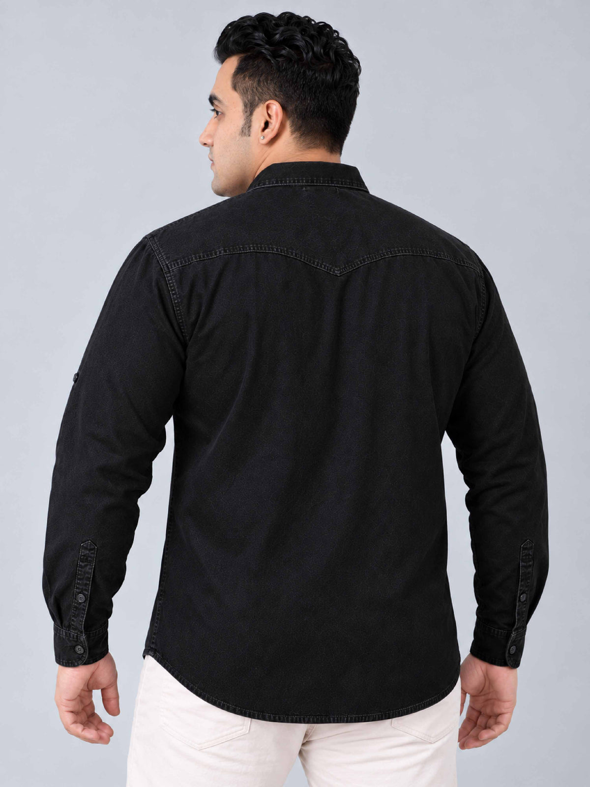 Black Denim Double Pocket Full Sleeve Shirt Men's Plus Size