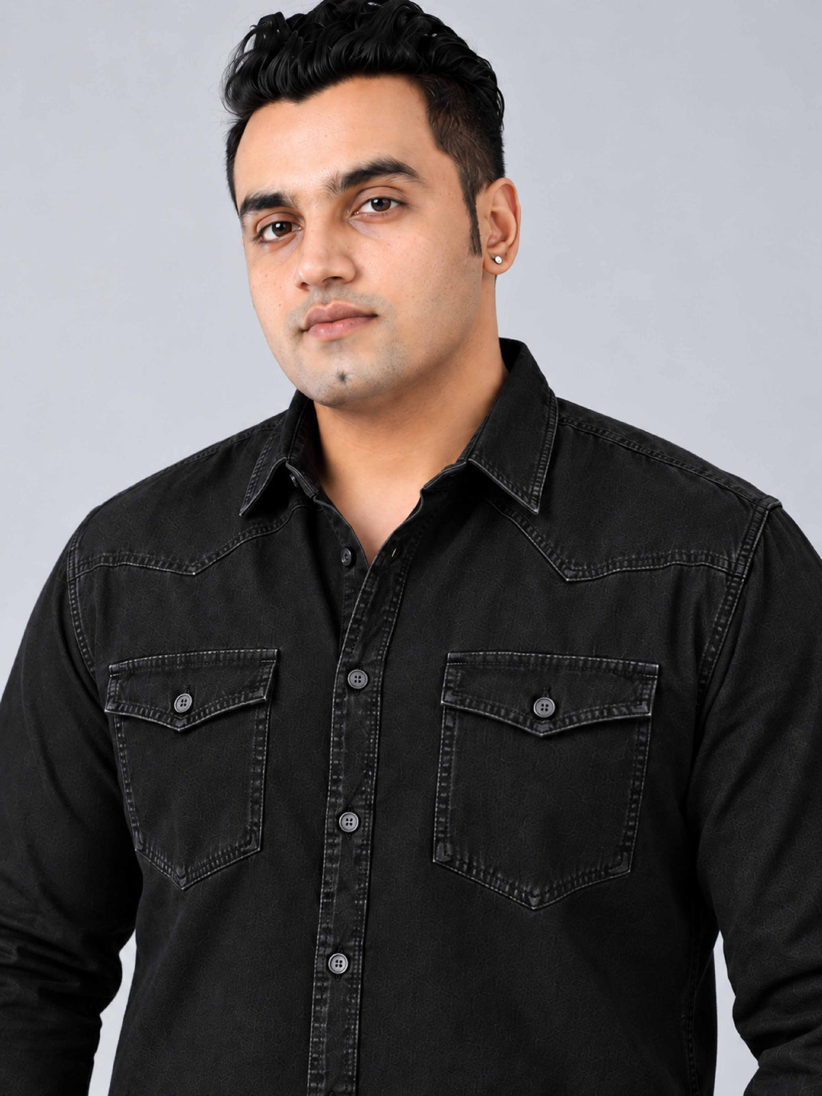 Black Denim Double Pocket Full Sleeve Shirt Men's Plus Size