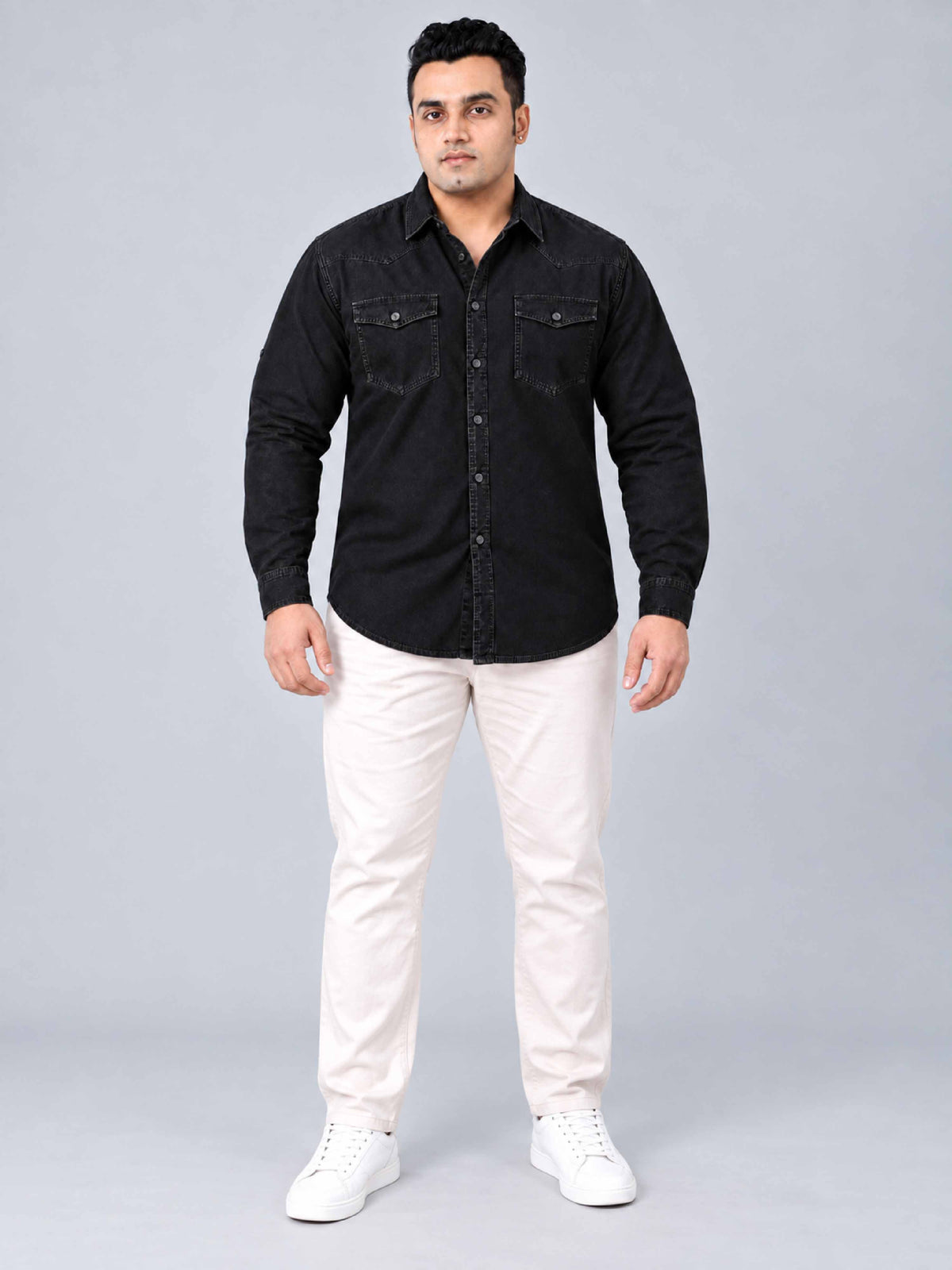 Black Denim Double Pocket Full Sleeve Shirt Men's Plus Size