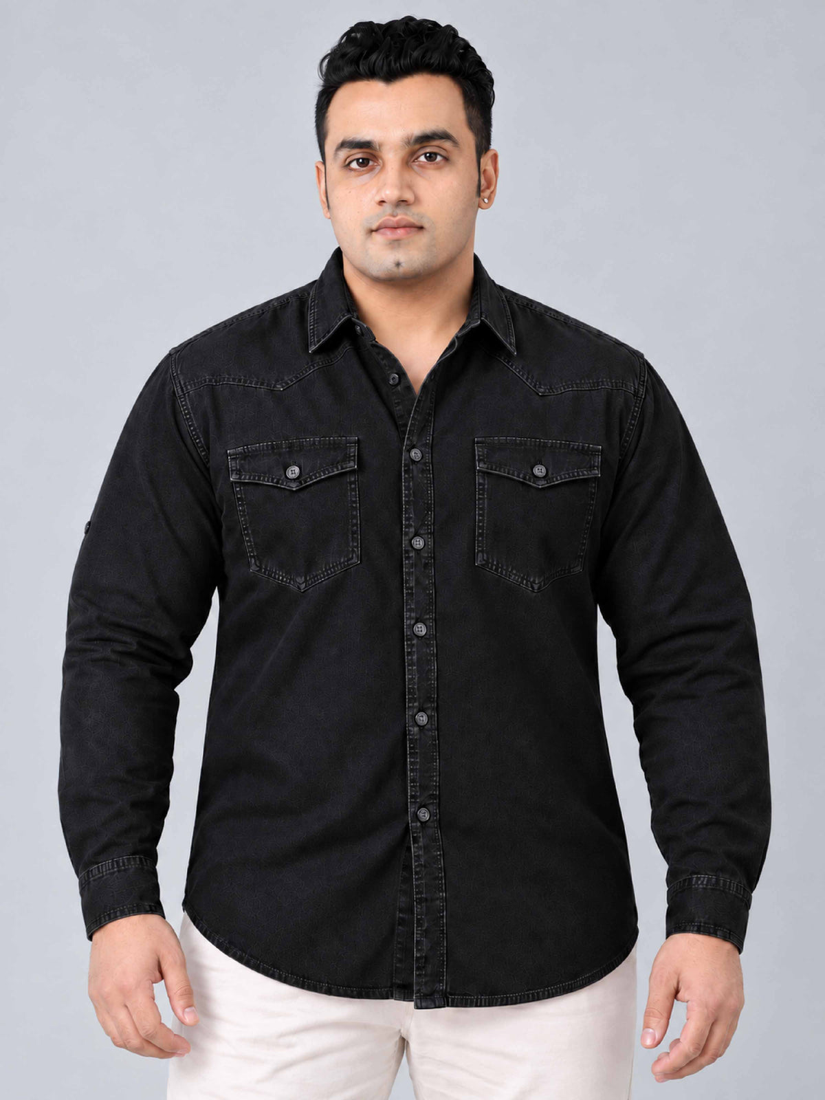 Black Denim Double Pocket Full Sleeve Shirt Men's Plus Size