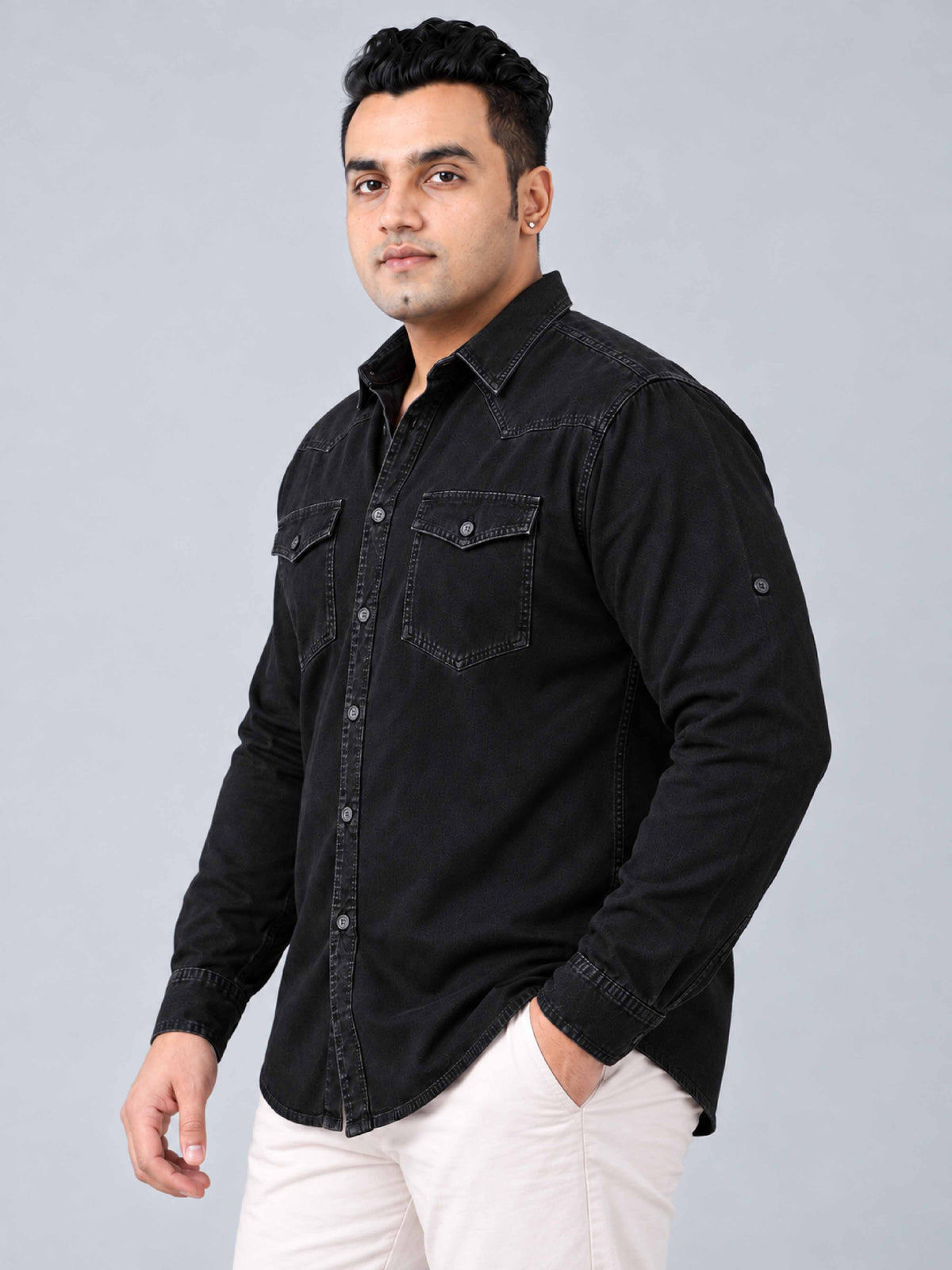 Black Denim Double Pocket Full Sleeve Shirt Men's Plus Size