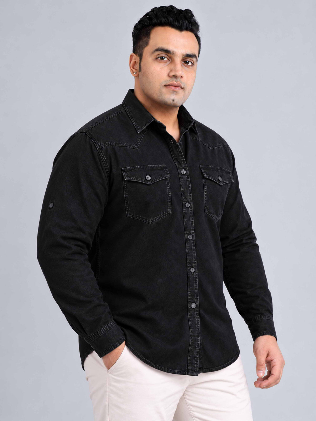Black Denim Double Pocket Full Sleeve Shirt Men's Plus Size