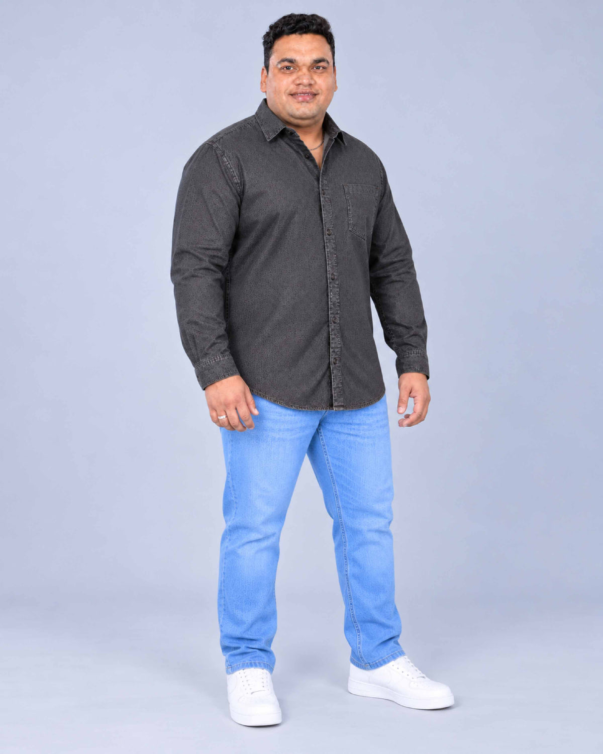 Grey Denim Single Pocket Full Sleeve Shirt Men's Plus Size