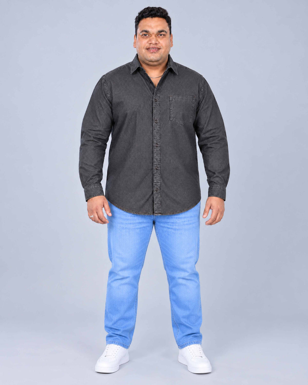 Grey Denim Single Pocket Full Sleeve Shirt Men's Plus Size