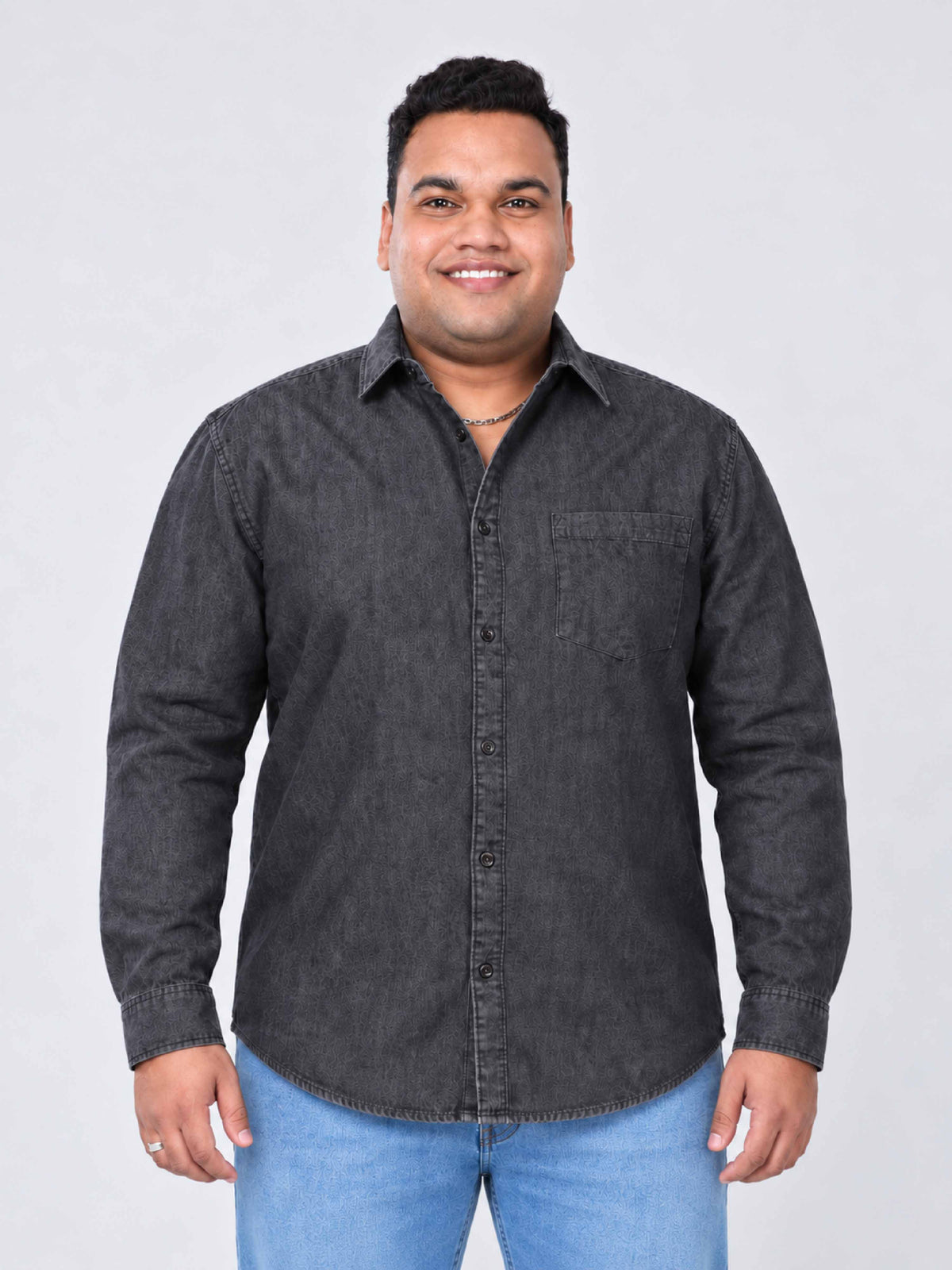 Grey Denim Single Pocket Full Sleeve Shirt Men's Plus Size