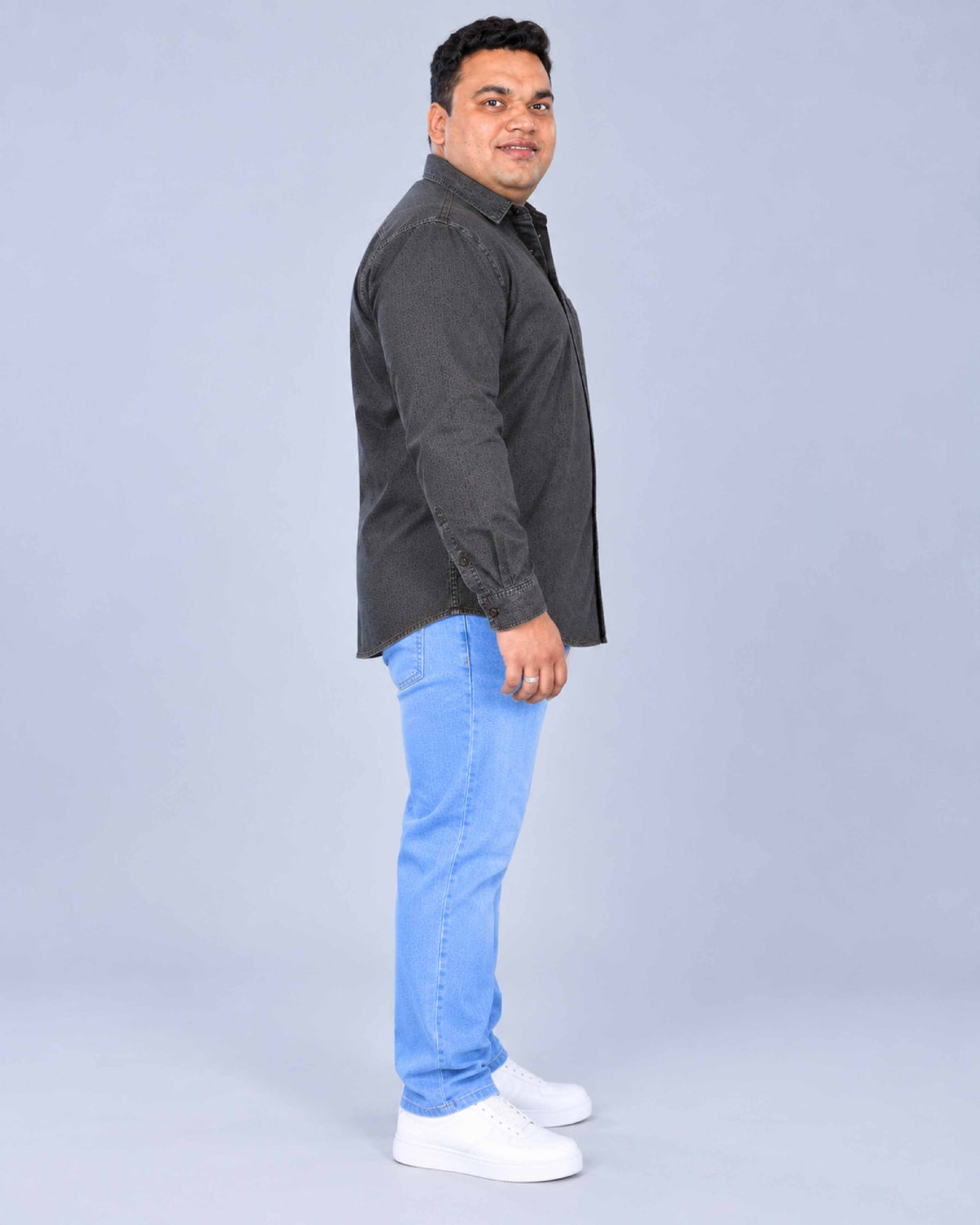 Grey Denim Single Pocket Full Sleeve Shirt Men's Plus Size
