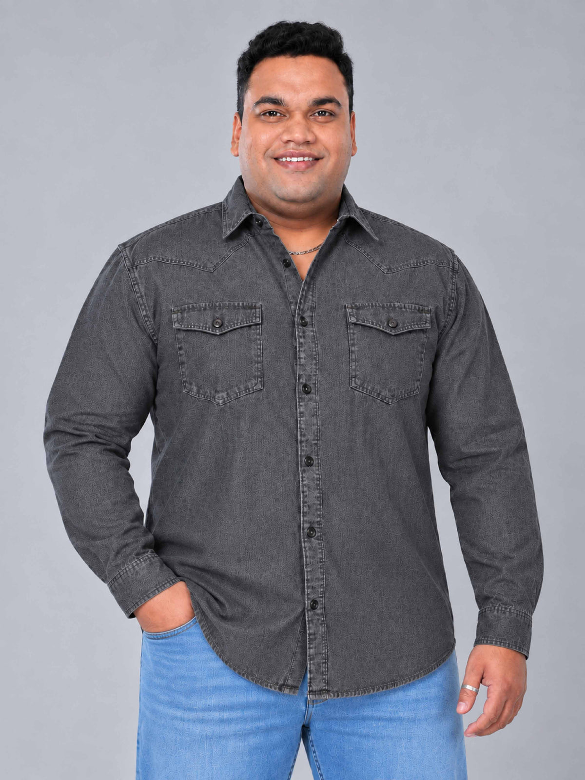 Grey Denim Double Pocket Full Sleeve Shirt Men's Plus Size