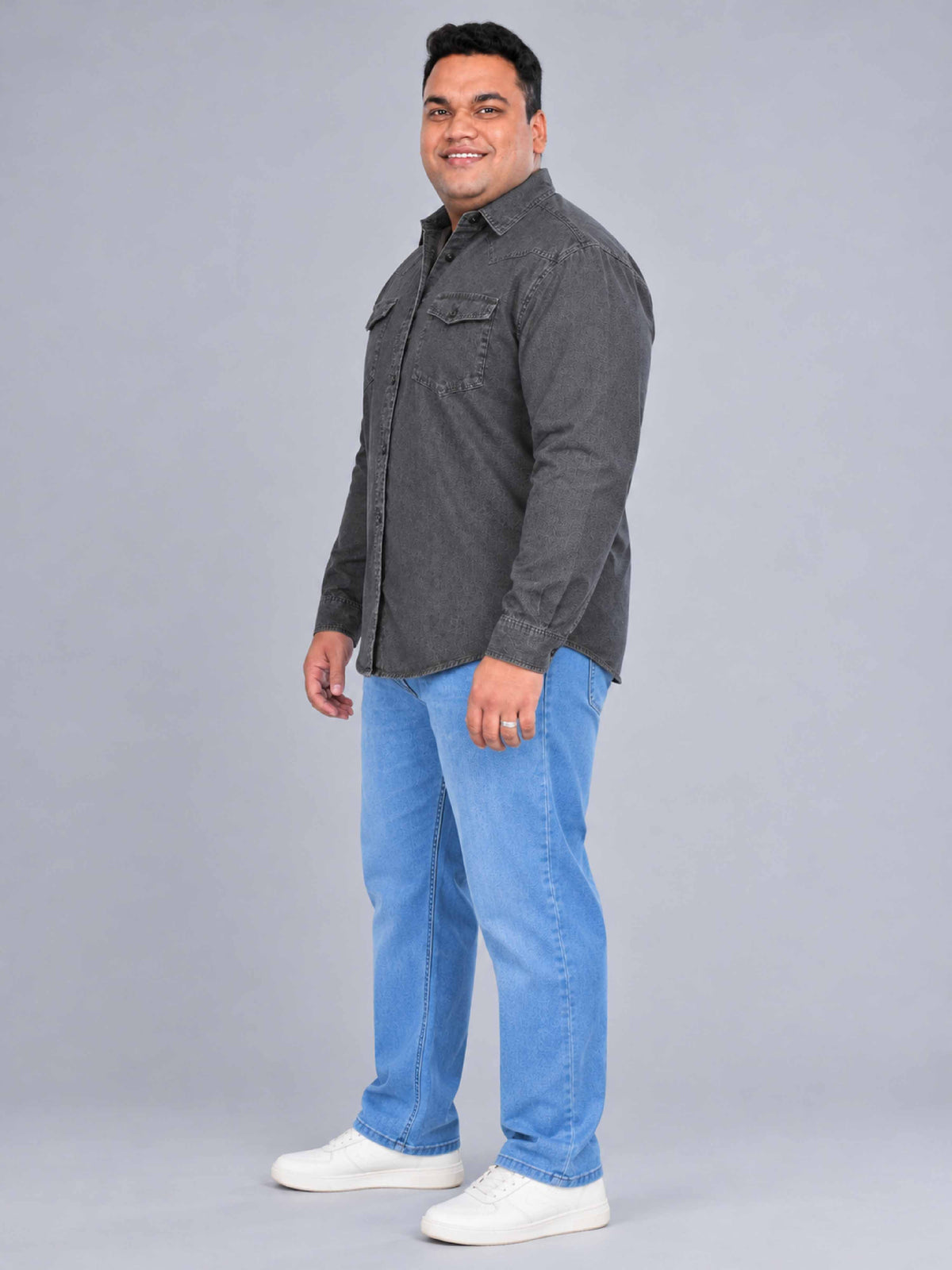 Grey Denim Double Pocket Full Sleeve Shirt Men's Plus Size