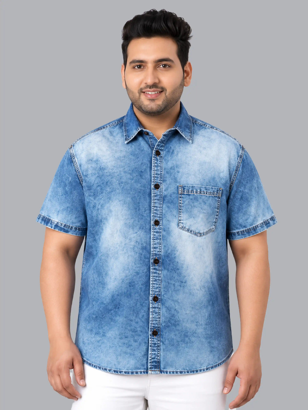 Cloud Wash Men’s Plus Size Denim Half Sleeve Shirt