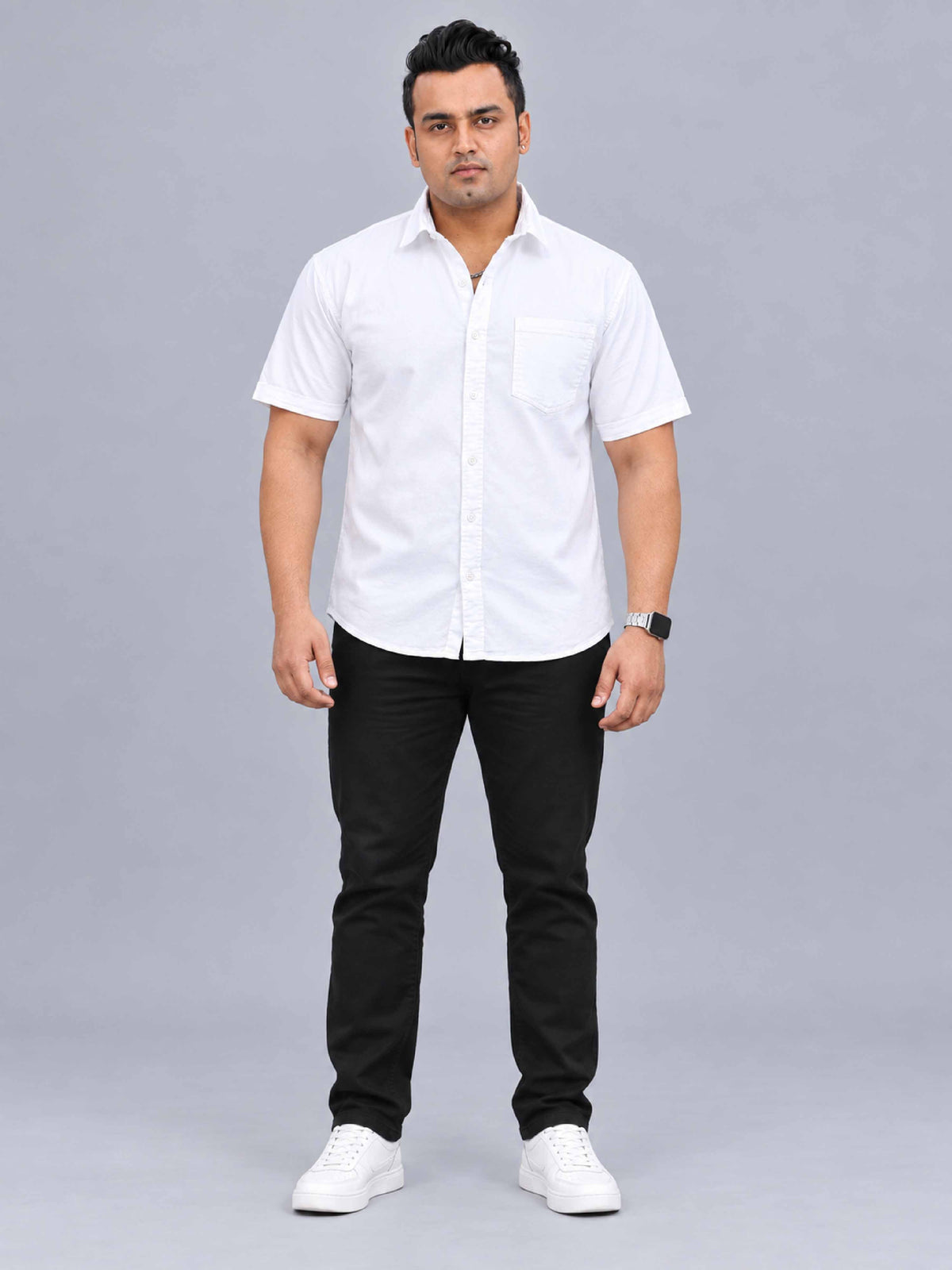 White Denim Lycra Men's Plus Size Half Sleeve Shirt