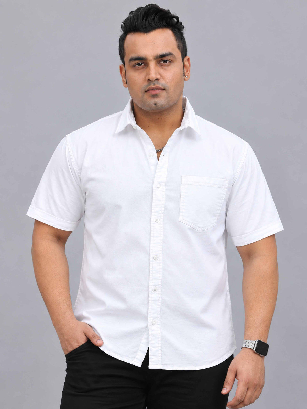 White Denim Lycra Men's Plus Size Half Sleeve Shirt