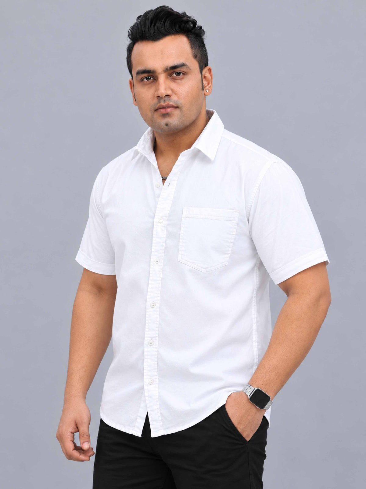 White Denim Lycra Men's Plus Size Half Sleeve Shirt