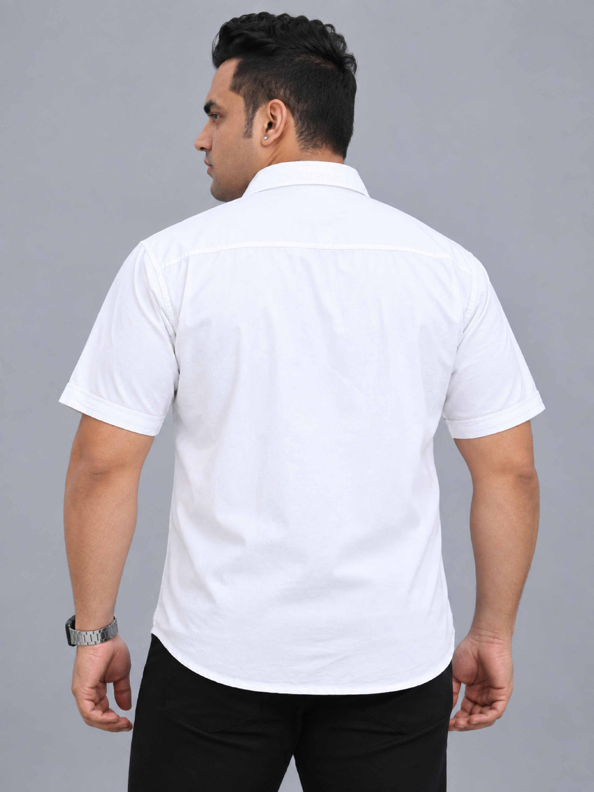 White Denim Lycra Men's Plus Size Double Pocket Half Sleeve Shirt