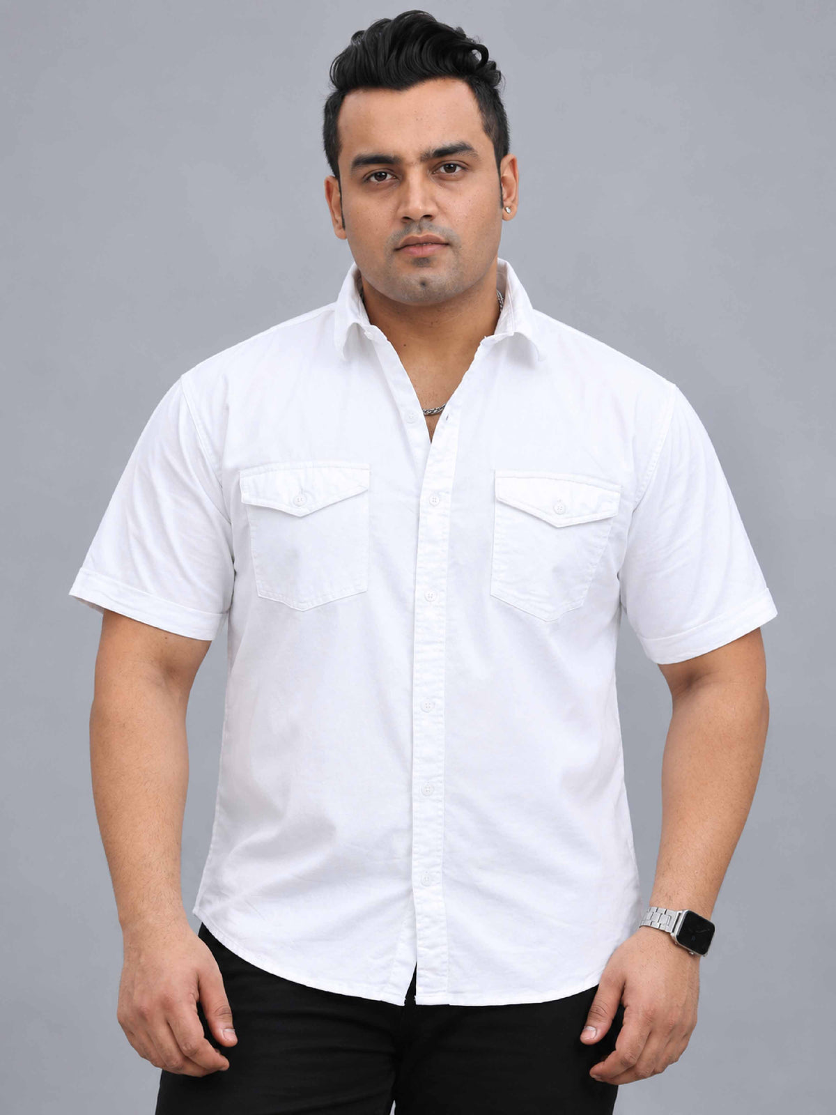 White Denim Lycra Men's Plus Size Double Pocket Half Sleeve Shirt