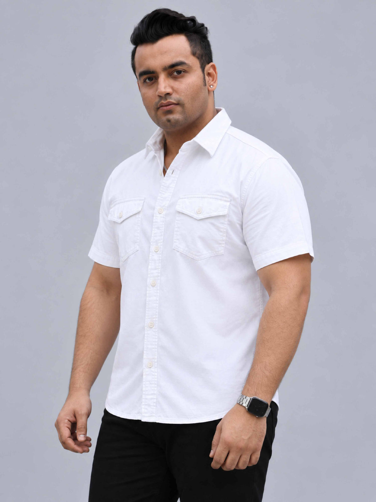 White Denim Lycra Men's Plus Size Double Pocket Half Sleeve Shirt