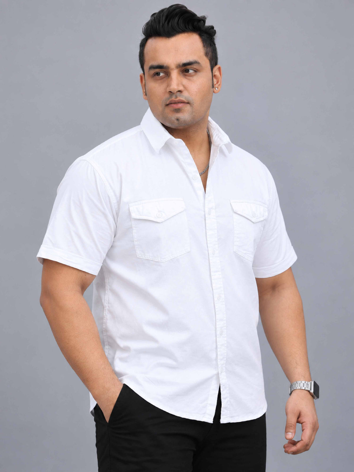 White Denim Lycra Men's Plus Size Double Pocket Half Sleeve Shirt