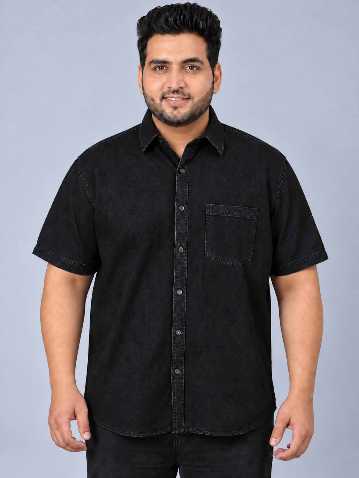 Black Denim Single Pocket Half Sleeve Shirt Men's Plus Size