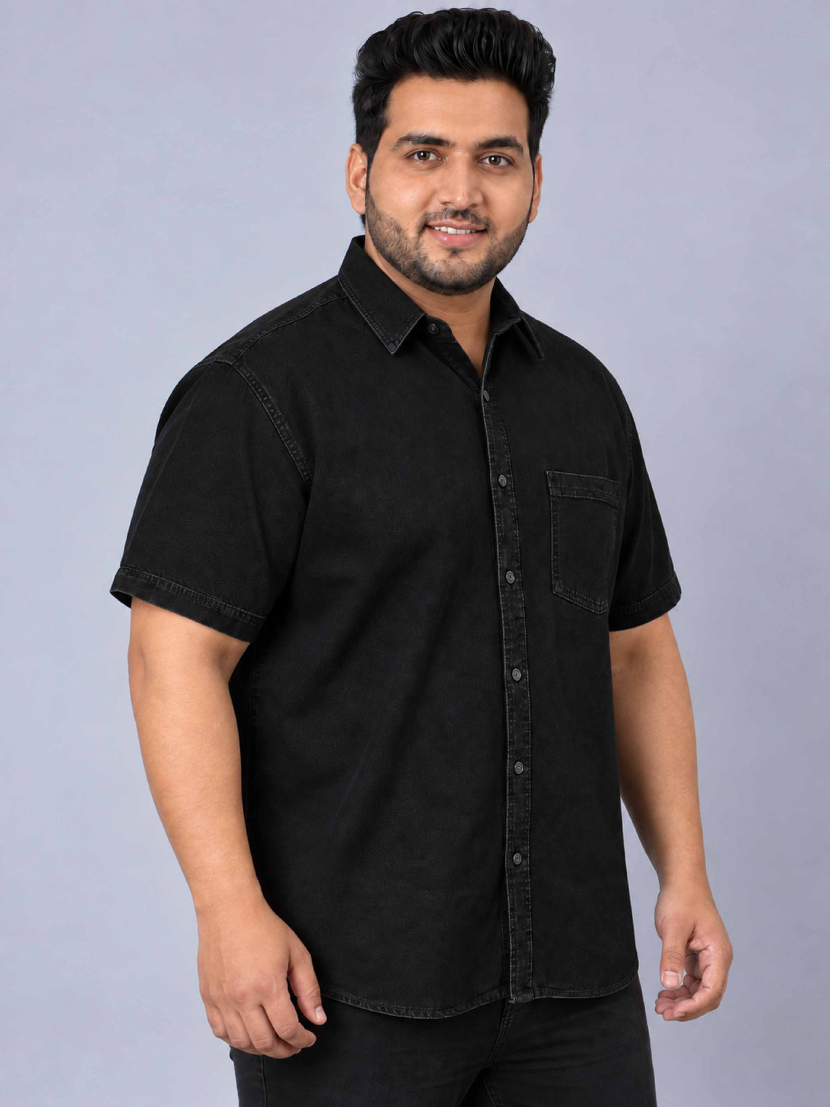 Black Denim Single Pocket Half Sleeve Shirt Men's Plus Size